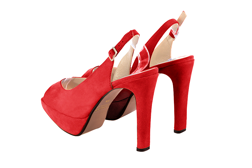 Escarpins habillés bout ouvert bride arrière cuir rouge coquelicot à talon fin de 12.5 cm avec une plateforme de 2.5 cm à l'avant et bout rond - Vue arrière
