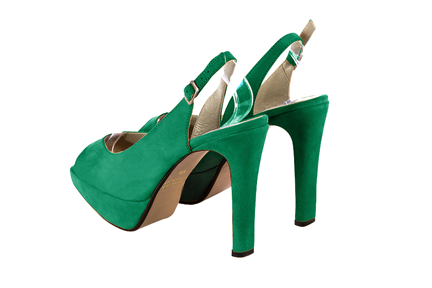 Sandale femme : Sandale soirées et cérémonies couleur vert émeraude. Bout rond. Talon très haut fin. Plateforme à l'avant. Vue arrière - Florence KOOIJMAN