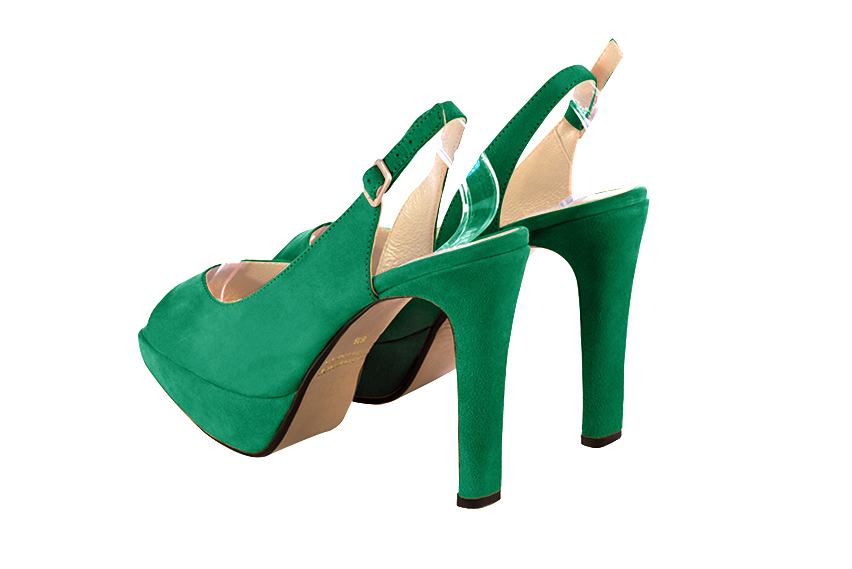 Escarpins habillés bout ouvert bride arrière cuir vert émeraude à talon fin de 12.5 cm avec une plateforme de 2.5 cm à l'avant et bout rond - Vue arrière