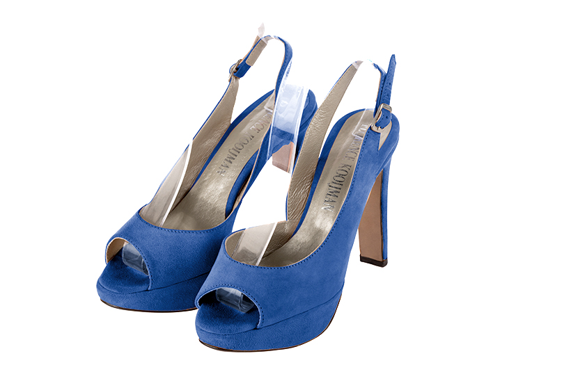 Sandales élégantes et raffinées pour soirées et cérémonies, coloris bleu électrique. Bout rond. Très haut. Talon fin. Plateforme à l'avant. Cérémonie, soirée, cocktail, évènementiel. Personnalisation : Choix des cuirs, 
                des couleurs et des talons. Petites et grandes pointures. - Florence KOOIJMAN