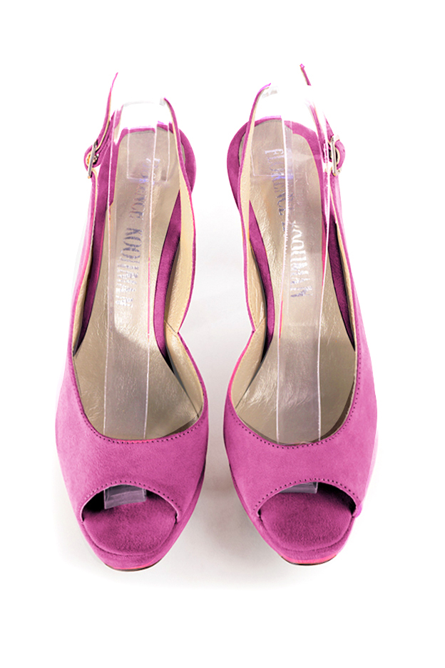 Escarpins habillés bout ouvert bride arrière cuir rose pivoine à talon fin de 12.5 cm avec une plateforme de 2.5 cm à l'avant et bout rond - Vue du dessus