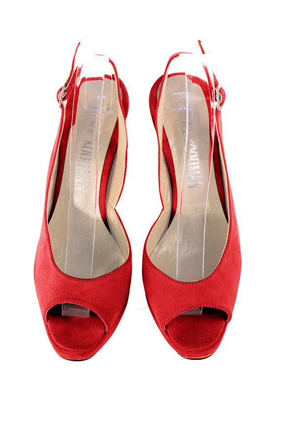 Escarpins habillés bout ouvert bride arrière cuir rouge coquelicot à talon fin de 12.5 cm avec une plateforme de 2.5 cm à l'avant et bout rond - Vue du dessus