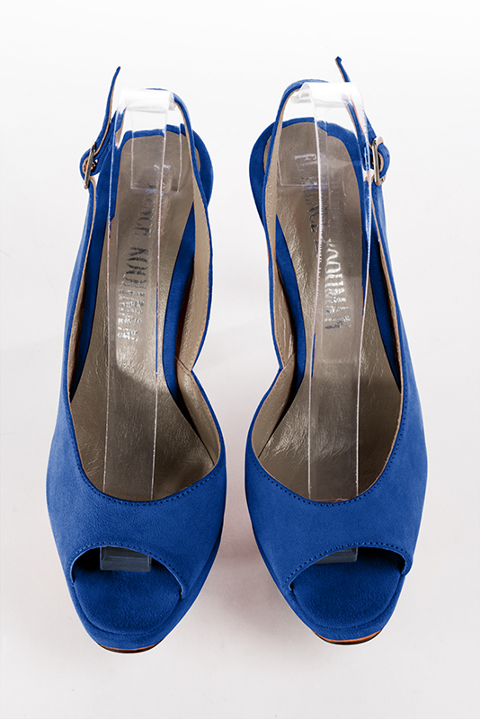 Sandale femme : Sandale soirées et cérémonies couleur bleu électrique. Bout rond. Talon très haut fin. Plateforme à l'avant. Vue du dessus - Florence KOOIJMAN