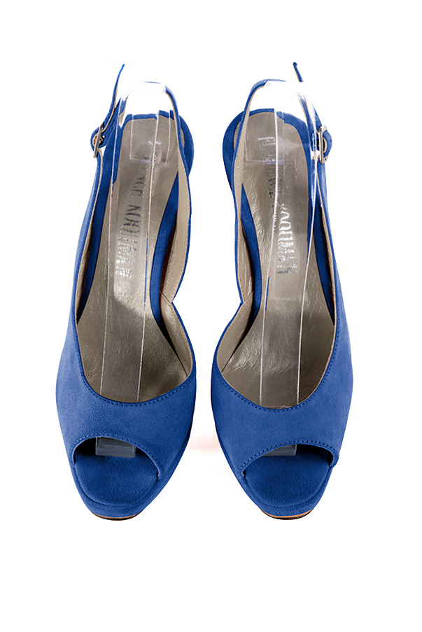 Sandales élégantes et raffinées pour soirées et cérémonies, coloris bleu électrique. Bout rond. Très haut. Talon fin. Plateforme à l'avant. Cérémonie, soirée, cocktail, évènementiel. Personnalisation : Choix des cuirs, 
                des couleurs et des talons. Petites et grandes pointures. - Florence KOOIJMAN