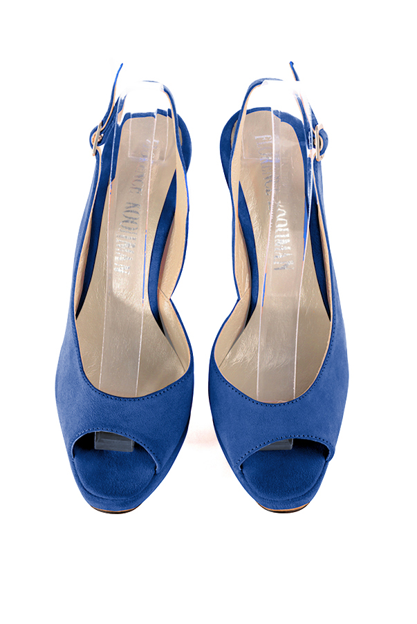 Escarpins habillés bout ouvert bride arrière cuir bleu électrique à talon fin de 12.5 cm avec une plateforme de 2.5 cm à l'avant et bout rond - Vue du dessus
