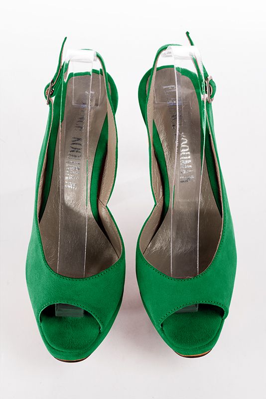 Sandale femme : Sandale soirées et cérémonies couleur vert émeraude. Bout rond. Talon très haut fin. Plateforme à l'avant. Vue du dessus - Florence KOOIJMAN