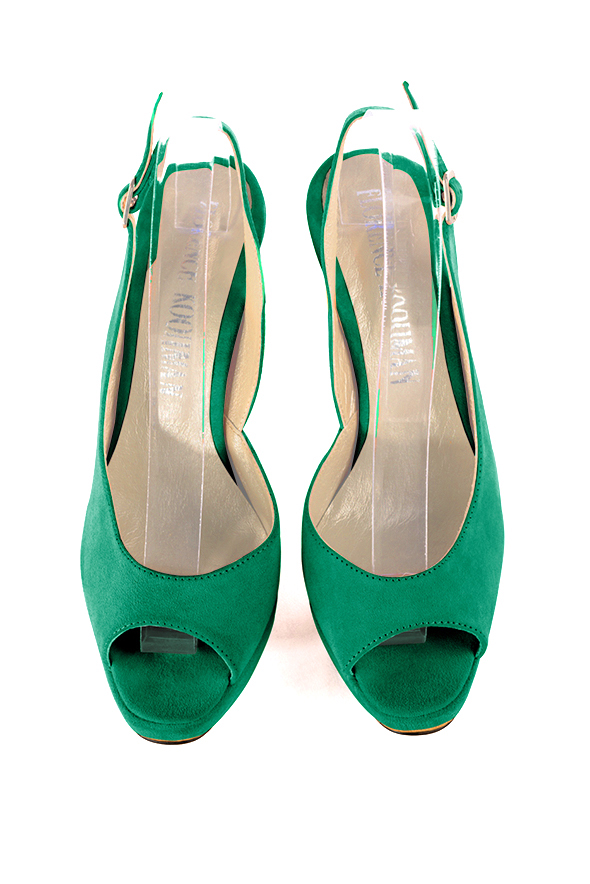 Escarpins habillés bout ouvert bride arrière cuir vert émeraude à talon fin de 12.5 cm avec une plateforme de 2.5 cm à l'avant et bout rond - Vue du dessus