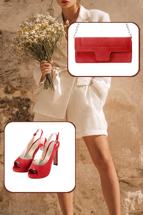Escarpins habillés bout ouvert bride arrière en cuir rouge coquelicot à talon fin de 12.5 cm avec une plateforme de 2.5 cm à l'avant et bout rond - Vue porté