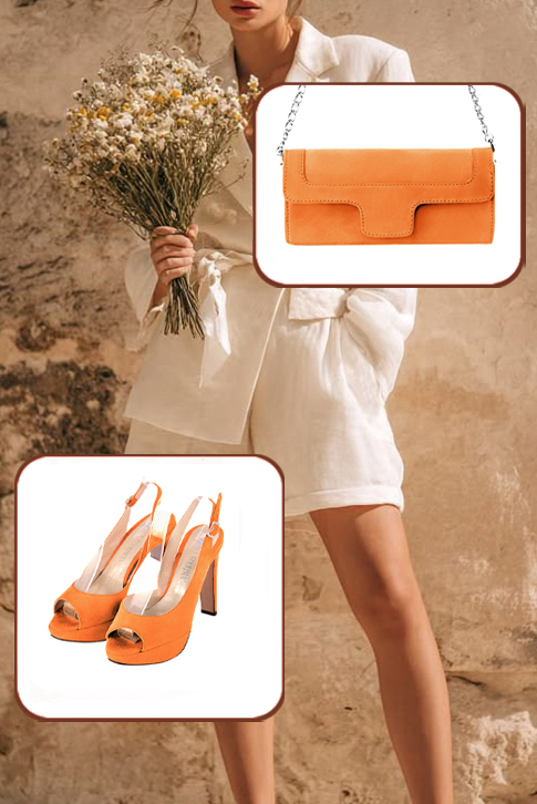 Escarpins habillés bout ouvert bride arrière en cuir orange abricot à talon fin de 12.5 cm avec une plateforme de 2.5 cm à l'avant et bout rond - Vue porté