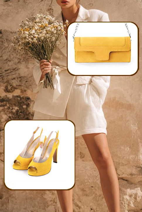 Escarpins habillés bout ouvert bride arrière en cuir jaune à talon fin de 12.5 cm avec une plateforme de 2.5 cm à l'avant et bout rond - Vue porté