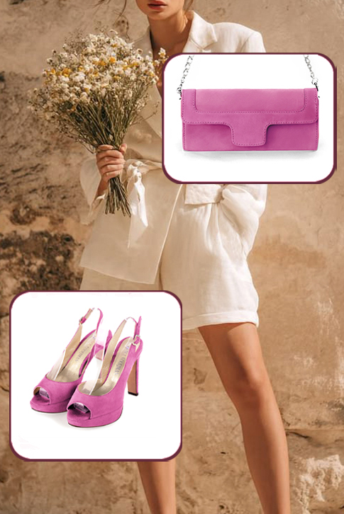 Escarpins habillés bout ouvert bride arrière en cuir rose pivoine à talon fin de 12.5 cm avec une plateforme de 2.5 cm à l'avant et bout rond - Vue porté