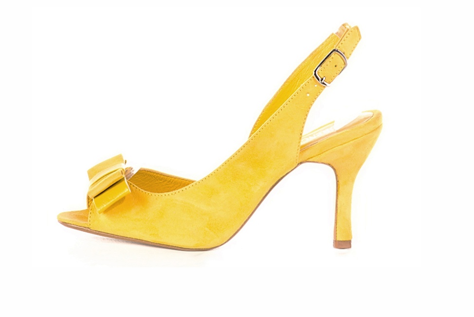 Sandale femme : Sandale soirées et cérémonies couleur jaune soleil. Bout rond. Talon haut bobine. Vue de profil - Florence KOOIJMAN