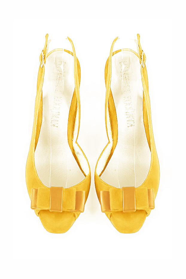 Sandale femme : Sandale soirées et cérémonies couleur jaune soleil. Bout rond. Talon haut bobine. Vue du dessus - Florence KOOIJMAN