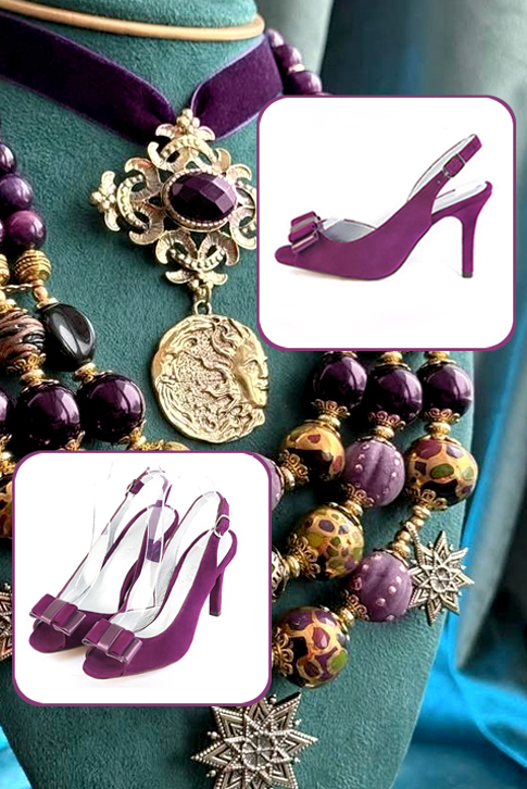 Escarpins bout ouvert et bride arrière violet myrtille et violet mauve. Bout rond. Talon fin de 8.5 cm - Vue du dessus