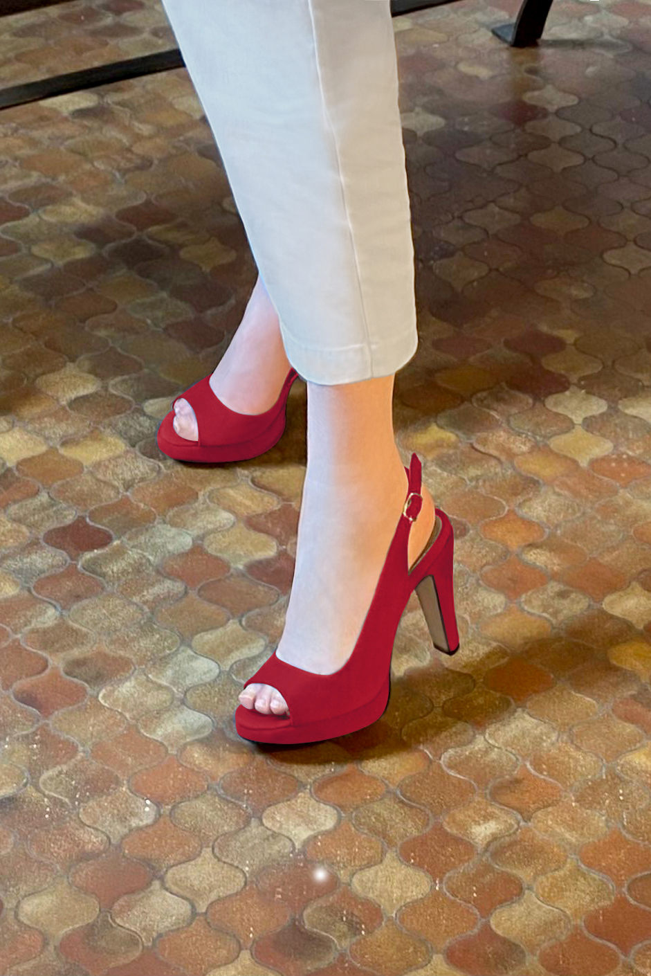 Escarpins bout ouvert et bride arrière rouge carmin. Bout rond. Talon fin de 10.5 cm avec une plateforme de 2 cm à l'avant - Vue porté