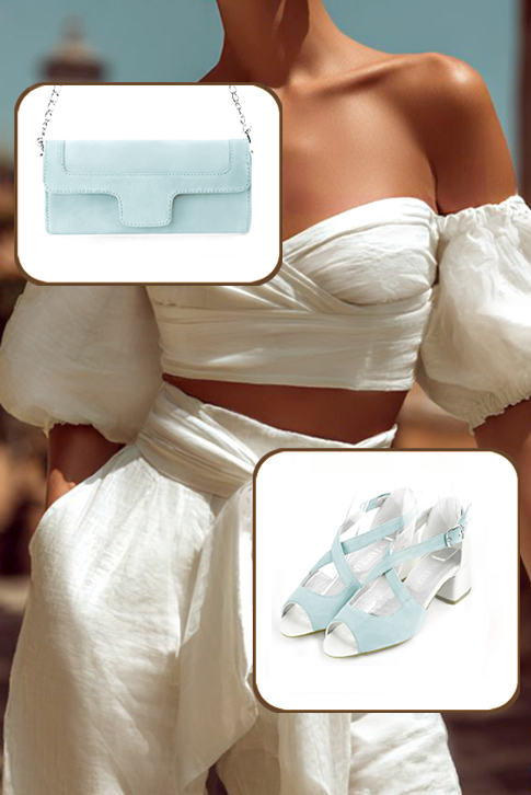 Sandales femme brides croisées fermées à l'arrière bleu lagon et blanc cassé. Bout rond. Talon évasé de 4.5 cm - Vue du dessus