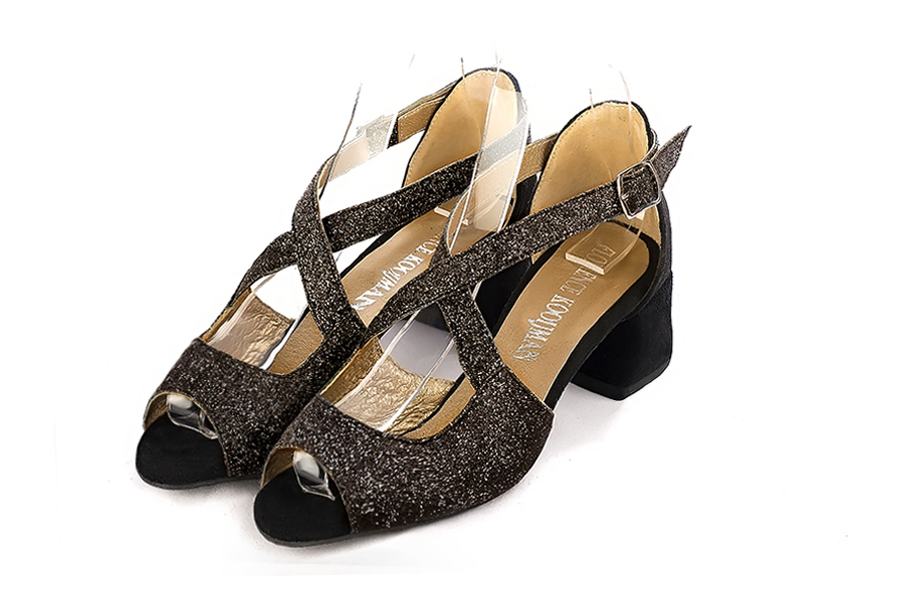 Sandales habillées femme brides croisées arrière fermé en noir brillant et noir mat à talon évasé de 4.5 cm et bout rond - Vue avant