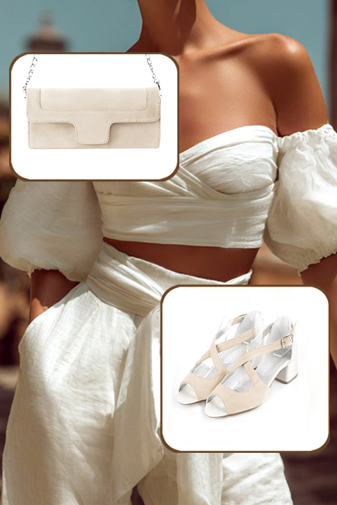 Sandales femme brides croisées fermées à l'arrière beige vanille et blanc cassé. Bout rond. Talon évasé de 4.5 cm - Vue du dessus