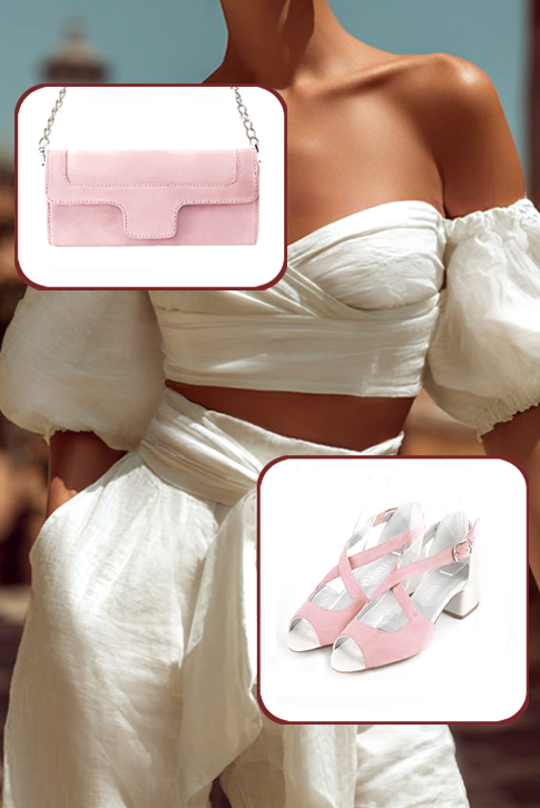 Sandales femme brides croisées fermées à l'arrière rose pâle et blanc cassé. Bout rond. Talon évasé de 4.5 cm - Vue du dessus