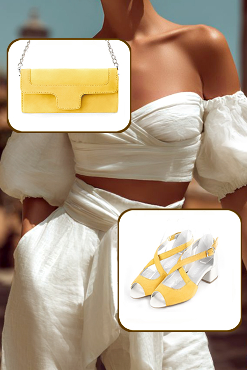 Sandales femme brides croisées fermées à l'arrière jaune et blanc cassé. Bout rond. Talon évasé de 4.5 cm - Vue du dessus