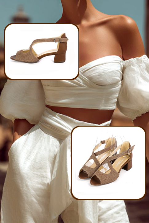 Sandales habillées femme brides croisées arrière fermé marron caramel à talon évasé de 4.5 cm et bout rond - Vue porté