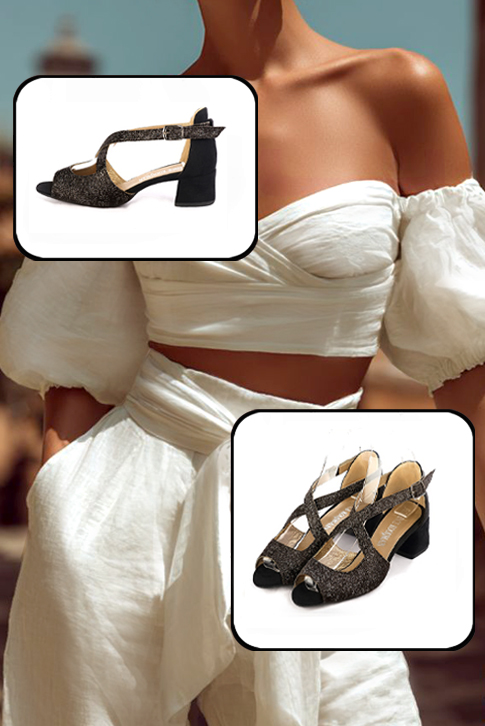 Sandales habillées femme brides croisées arrière fermé en noir brillant et noir mat à talon évasé de 4.5 cm et bout rond - Vue du dessus