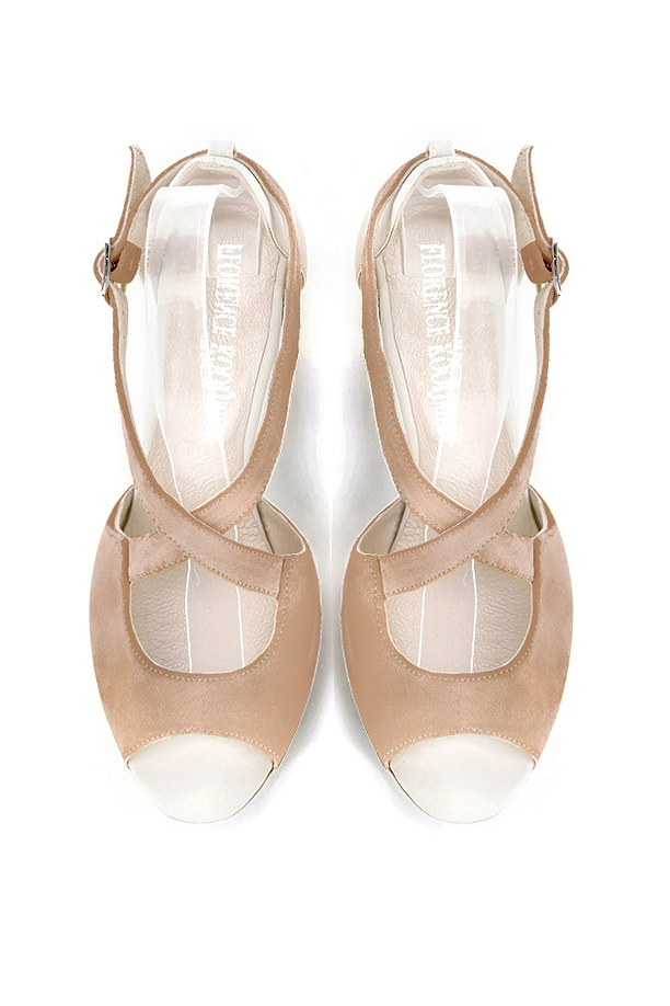 Sandales habillées femme brides croisées arrière fermé cuir beige biscuit et blanc cassé à talon trotteur de 7.5 cm et bout rond - Vue du dessus