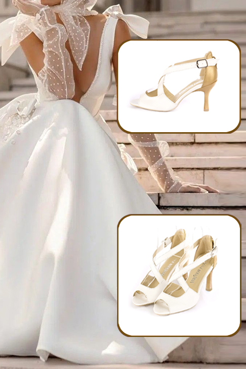 Sandales habillées femme brides croisées arrière fermé cuir blanc cassé et or à talon fin de 8 cm et bout rond - Vue du dessus