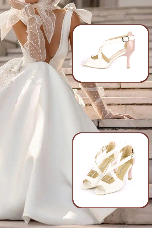 Sandales habillées femme brides croisées arrière fermé cuir blanc cassé et rose poudré à talon fin de 8 cm et bout rond - Vue du dessus
