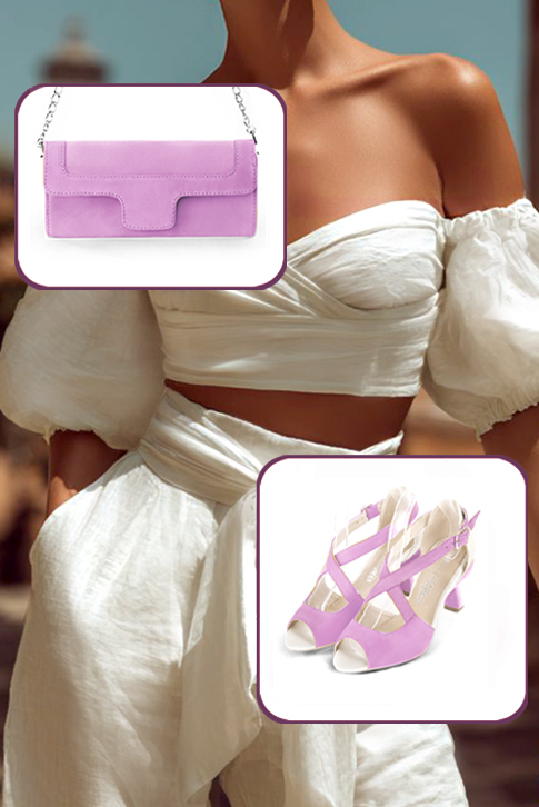 Sandales habillées femme brides croisées arrière fermé cuir violet mauve et blanc cassé à talon bobine de 6 cm et bout rond - Vue porté