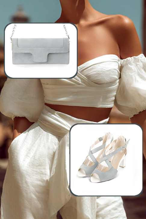 Sandales habillées femme brides croisées arrière fermé cuir gris perle et blanc cassé à talon trotteur de 7.5 cm et bout rond - Vue porté