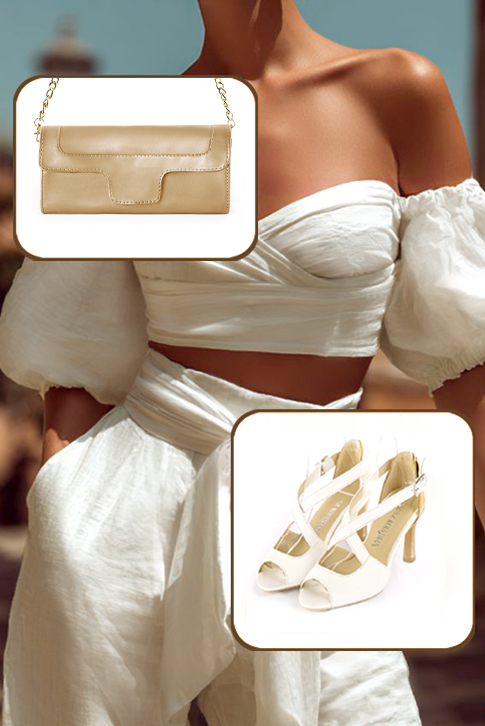 Sandales habillées femme brides croisées arrière fermé cuir blanc cassé et or à talon fin de 8 cm et bout rond - Vue porté