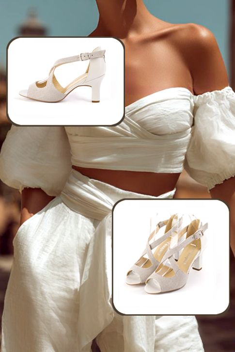 Sandales habillées femme brides croisées arrière fermé beige naturel et blanc cassé à talon trotteur de 7.5 cm et bout rond - Vue porté