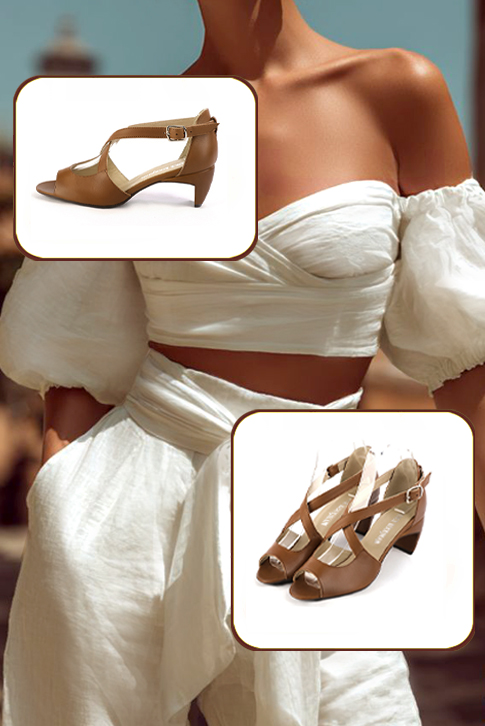 Sandales femme brides croisées fermées à l'arrière marron caramel. Bout rond. Talon virgule de 5.5 cm - Vue porté
