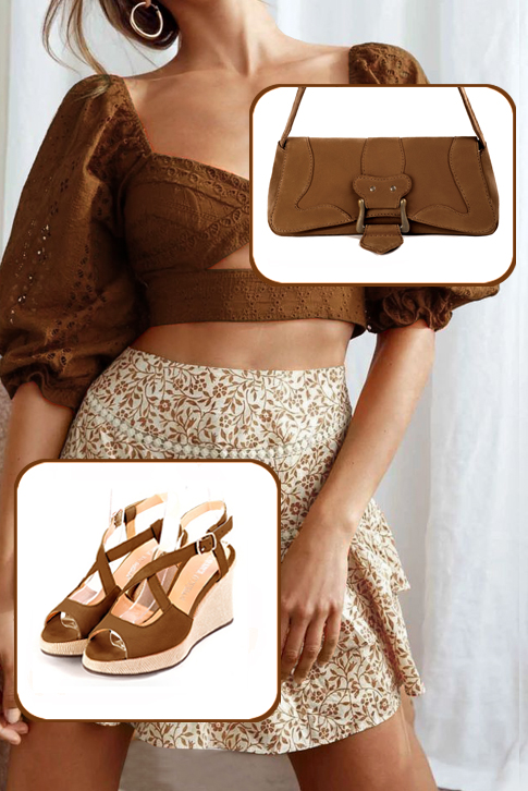 Sandales femme brides croisées ouvertes à l'arrière marron caramel. .  - Vue porté