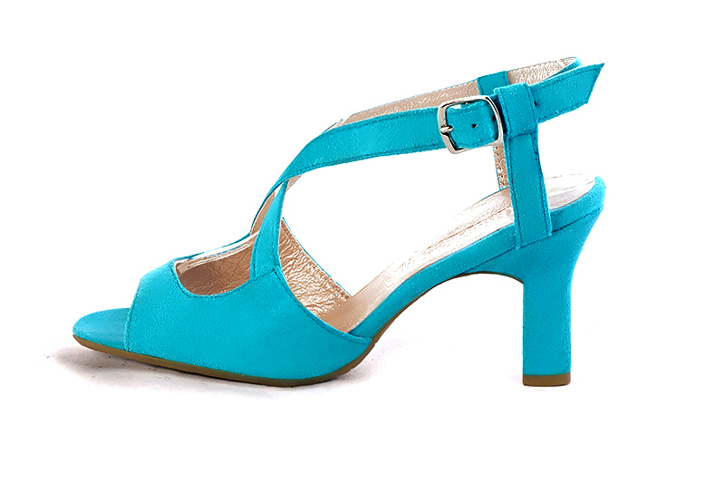 Sandales habillées femme brides croisées arrière ouvert cuir bleu turquoise à talon trotteur de 7.5 cm et bout rond - Vue de profil