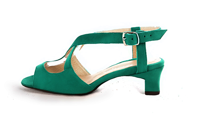 Sandale femme : Sandale soirées et cérémonies couleur vert émeraude. Bout rond. Petit talon trotteur. Vue de profil - Florence KOOIJMAN