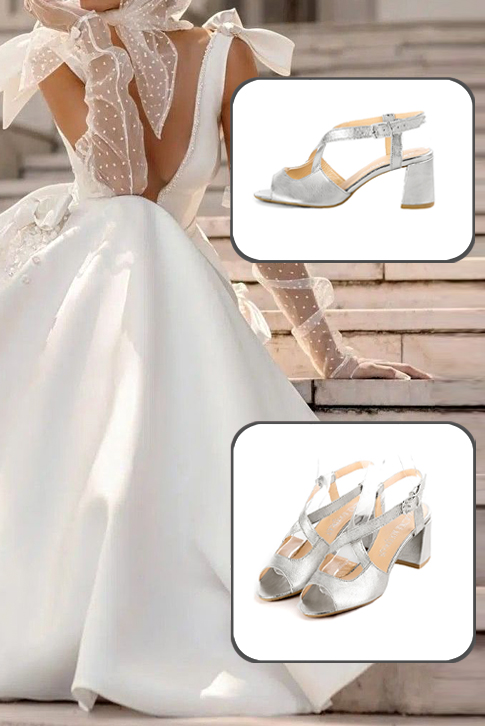 Sandales habillées femme brides croisées arrière ouvert cuir argent à talon évasé de 6 cm et bout rond - Vue porté