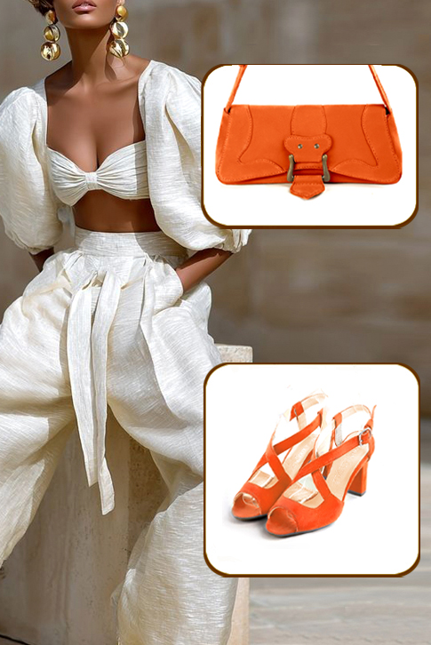 Sandales habillées femme brides croisées arrière ouvert cuir orange clémentine à talon trotteur de 7.5 cm et bout rond - Vue du dessus