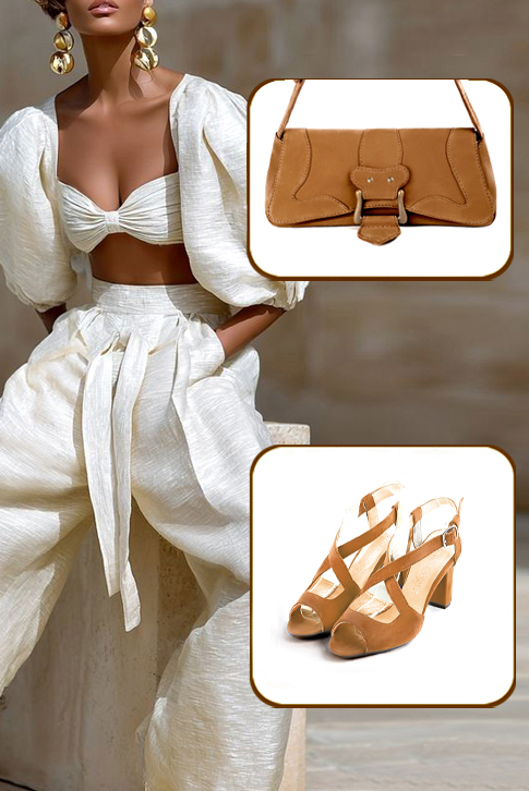 Sandales habillées femme brides croisées arrière ouvert cuir beige camel à talon trotteur de 7.5 cm et bout rond - Vue du dessus