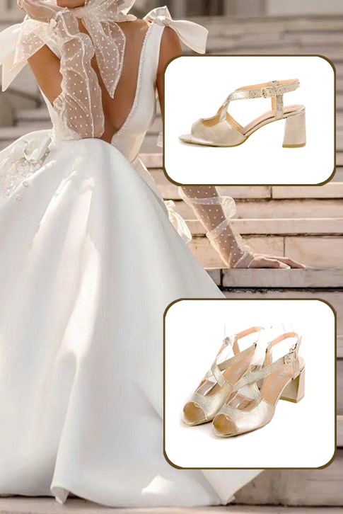 Sandales habillées femme brides croisées arrière ouvert cuir or à talon évasé de 6 cm et bout rond - Vue porté