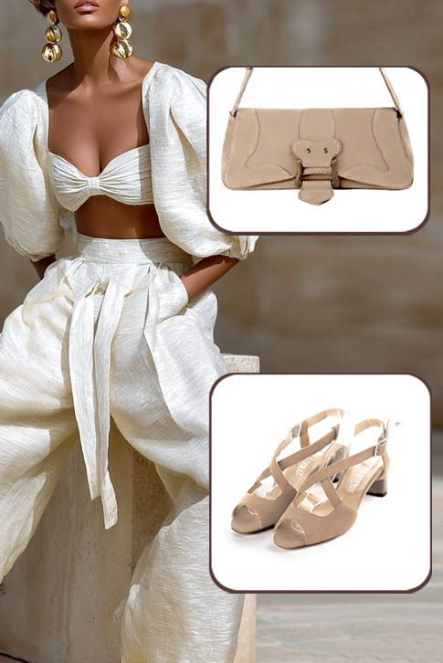 Sandales femme brides croisées ouvertes à l'arrière beige sahara. Bout rond. Talon trotteur de 4.5 cm - Vue du dessus