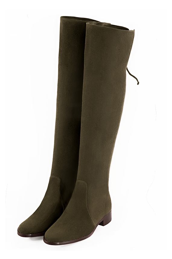 Cuissarde femme : Cuissardes femme en cuir sur mesures couleur vert kaki. Bout rond. Semelle cuir talon plat. Vue avant - Florence KOOIJMAN