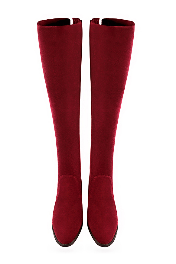 Cuissarde femme : Cuissardes femme en cuir sur mesures couleur rouge bordeaux. Bout rond. Semelle cuir talon plat. Vue du dessus - Florence KOOIJMAN