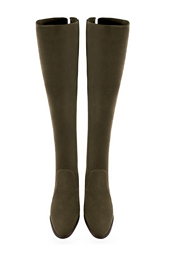 Cuissarde femme : Cuissardes femme en cuir sur mesures couleur vert kaki. Bout rond. Semelle cuir talon plat. Vue du dessus - Florence KOOIJMAN