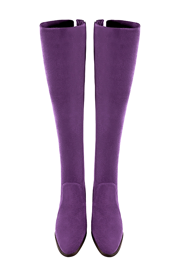 Cuissarde femme : Cuissardes femme en cuir sur mesures couleur violet améthyste. Bout rond. Semelle cuir talon plat. Vue du dessus - Florence KOOIJMAN