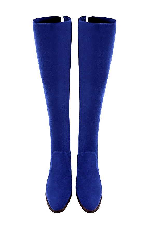 Cuissarde femme : Cuissardes femme en cuir sur mesures couleur bleu électrique. Bout rond. Semelle cuir talon plat. Vue du dessus - Florence KOOIJMAN