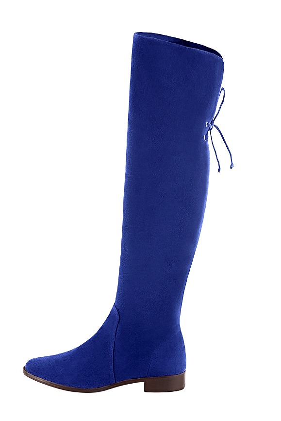 Cuissarde femme : Cuissardes femme en cuir sur mesures couleur bleu électrique. Bout rond. Semelle cuir talon plat. Vue de profil - Florence KOOIJMAN