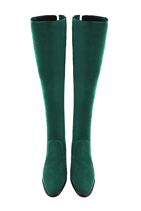 Cuissarde femme : Cuissardes femme en cuir sur mesures couleur vert émeraude. Bout rond. Semelle cuir talon plat. Vue du dessus - Florence KOOIJMAN