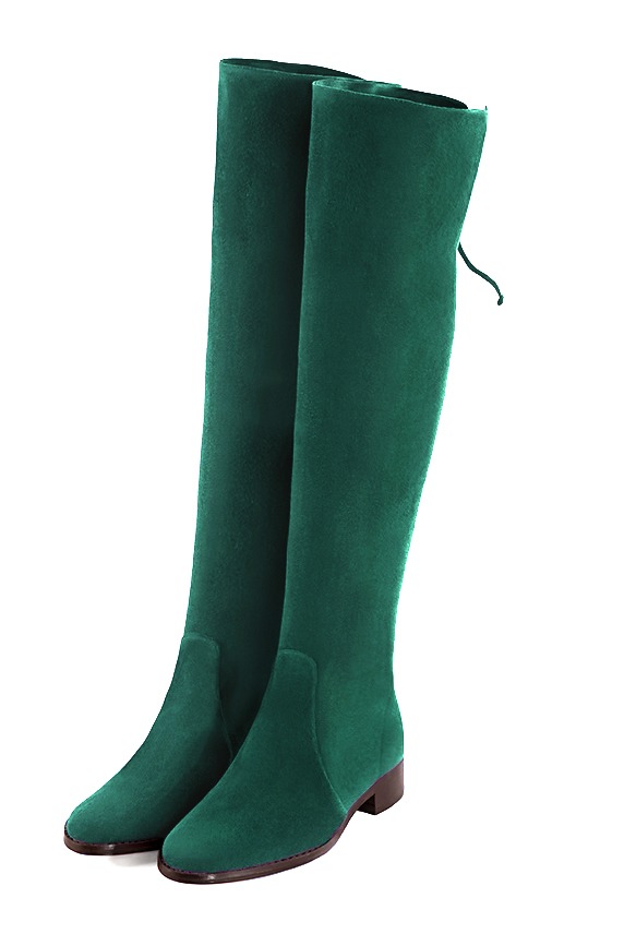 Cuissarde femme : Cuissardes femme en cuir sur mesures couleur vert émeraude. Bout rond. Semelle cuir talon plat. Vue avant - Florence KOOIJMAN